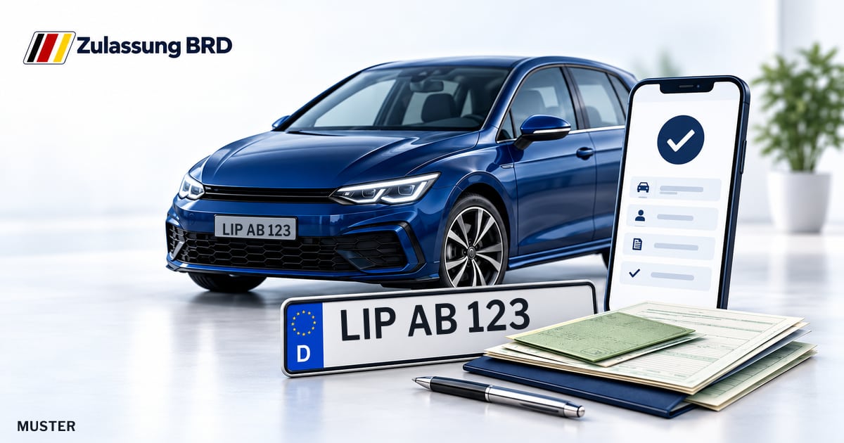 Online Fahrzeugzulassung in Detmold: Musterkennzeichen LIP AB 123, Auto und Fahrzeugpapiere und Smartphone. Illustration mit Logo von Zulassung BRD.